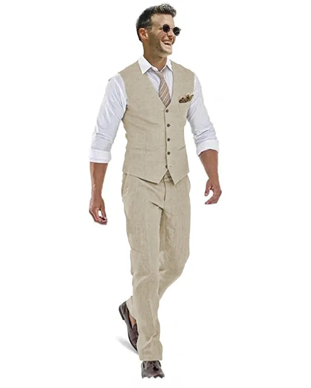 Formal 2 Pieces Mens Suit Flat Linen V Neck For Wedding (Vest + Pants) sold by Mens Event Wear