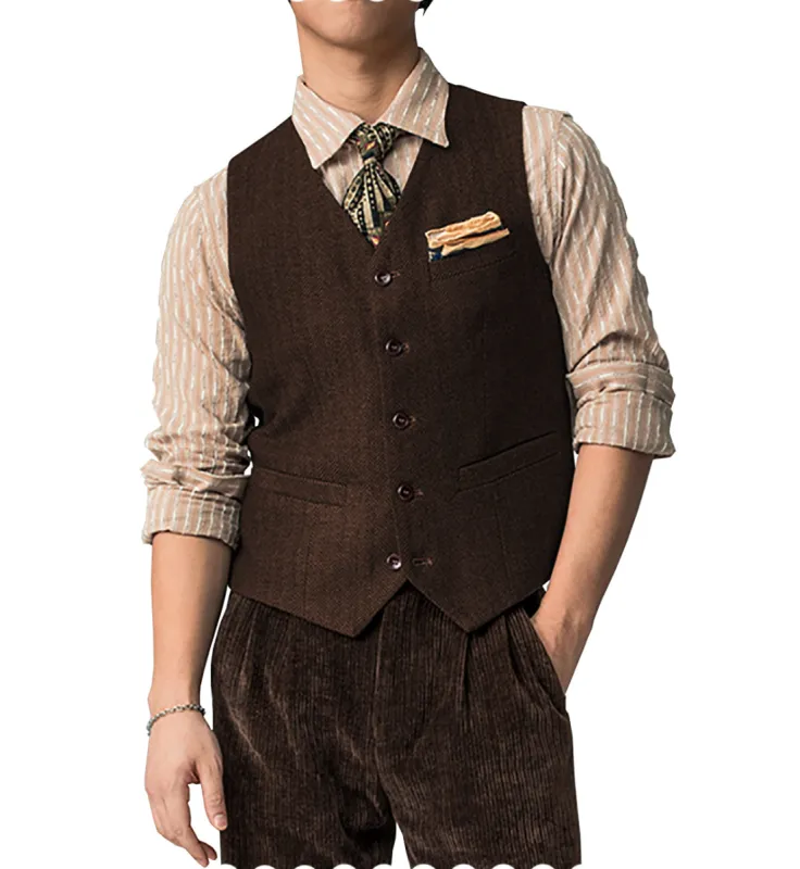 Casual Mens Classic Slim Fit Tweed Herringbone V Neck Waistcoat sold by Mens Event Wear