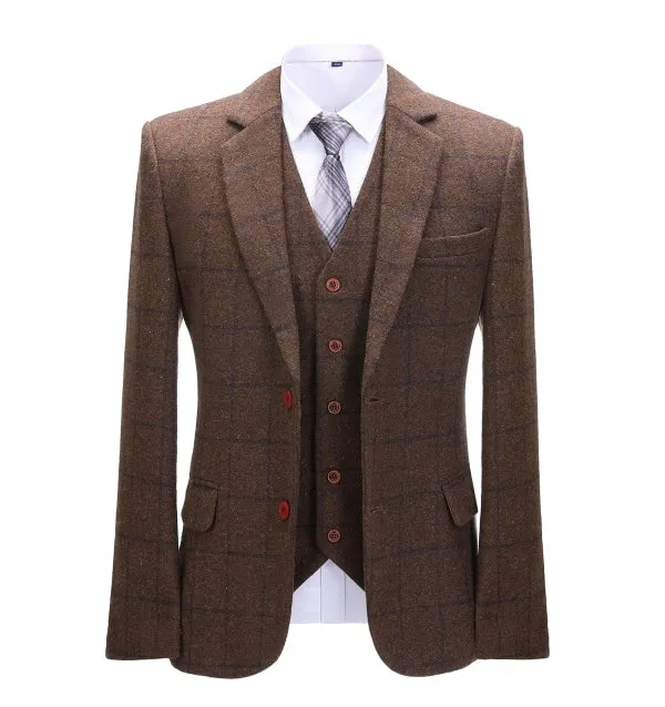 Menseventwear Men's Formal 3 Pieces Business Coffee Tweed Plaid Notch Lapel Suit (Blazer+vest+Pants) sold by Mens Event Wear product image thumbnail 4