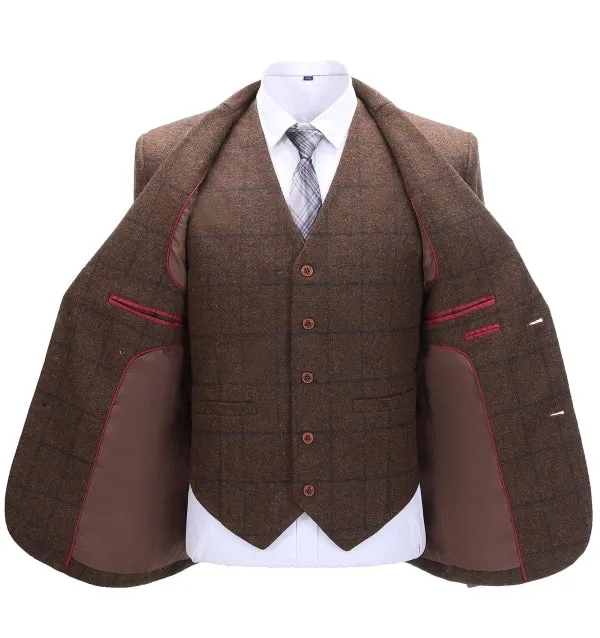 Menseventwear Men's Formal 3 Pieces Business Coffee Tweed Plaid Notch Lapel Suit (Blazer+vest+Pants) sold by Mens Event Wear product image thumbnail 2