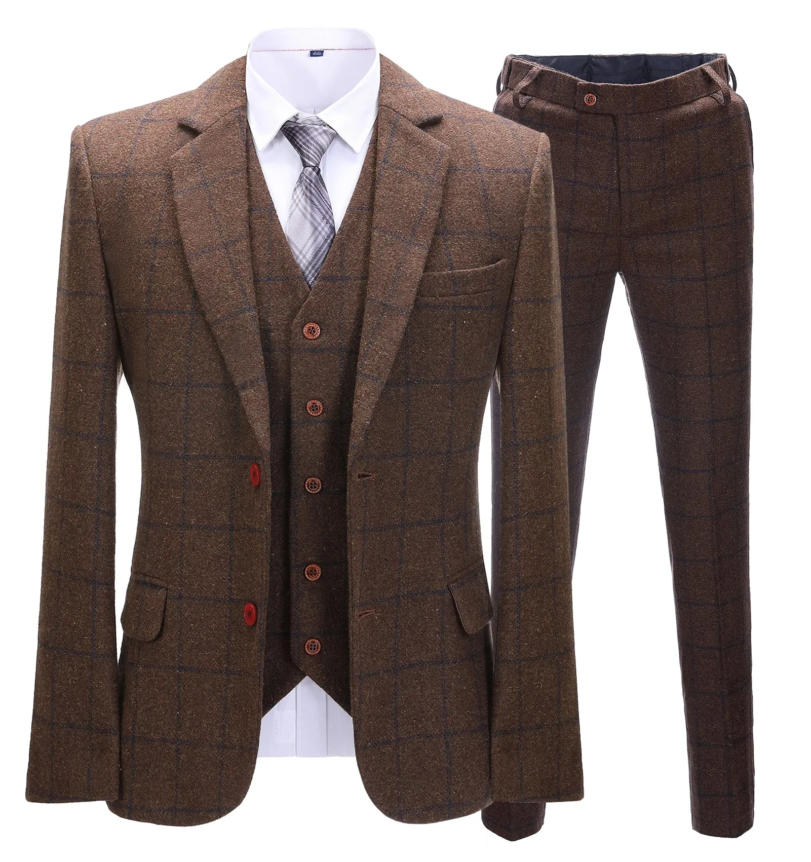 Menseventwear Men's Formal 3 Pieces Business Coffee Tweed Plaid Notch Lapel Suit (Blazer+vest+Pants) sold by Mens Event Wear