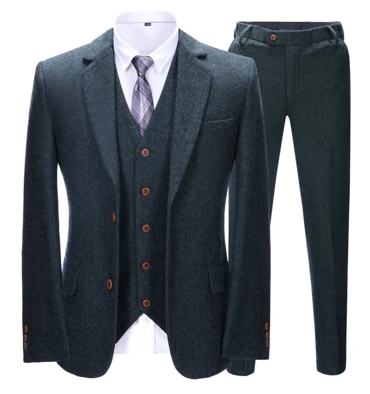 Men's Business 3 Pieces Formal Navy Herringbone Notch Lapel Suit (Blazer+vest+Pants) sold by Mens Event Wear