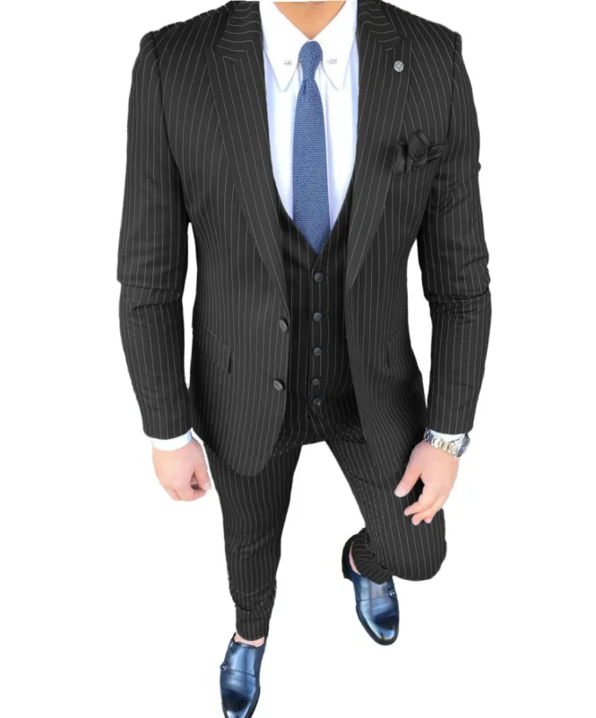 Formal Men's 3 Pieces Slim Fit Striped Peak Lapel Tuxedos (Blazer+vest+Pants) sold by Mens Event Wear