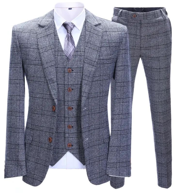 Men's Business 3 Pieces Formal Grey Plaid Tweed Notch Lapel Suit (Blazer+vest+Pants) sold by Mens Event Wear