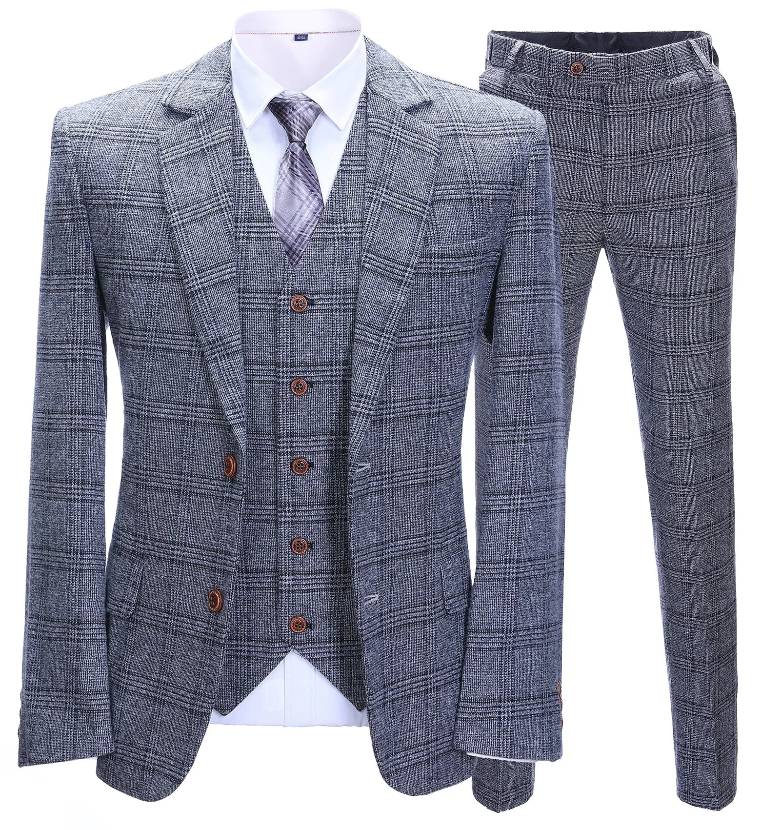 Men's Business 3 Pieces Formal Grey Plaid Tweed Notch Lapel Suit (Blazer+vest+Pants) sold by Mens Event Wear
