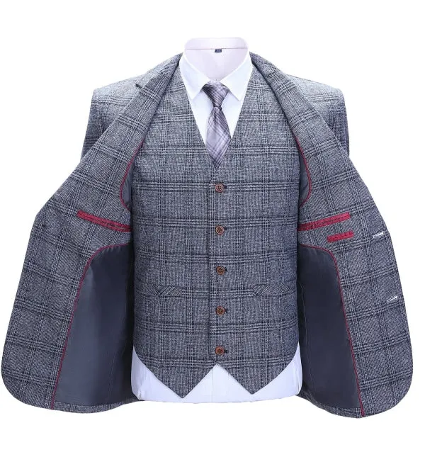 Men's Business 3 Pieces Formal Grey Plaid Tweed Notch Lapel Suit (Blazer+vest+Pants) sold by Mens Event Wear product image thumbnail 2