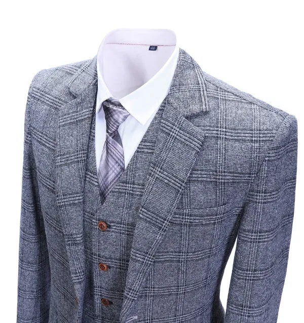 Men's Business 3 Pieces Formal Grey Plaid Tweed Notch Lapel Suit (Blazer+vest+Pants) sold by Mens Event Wear product image thumbnail 5