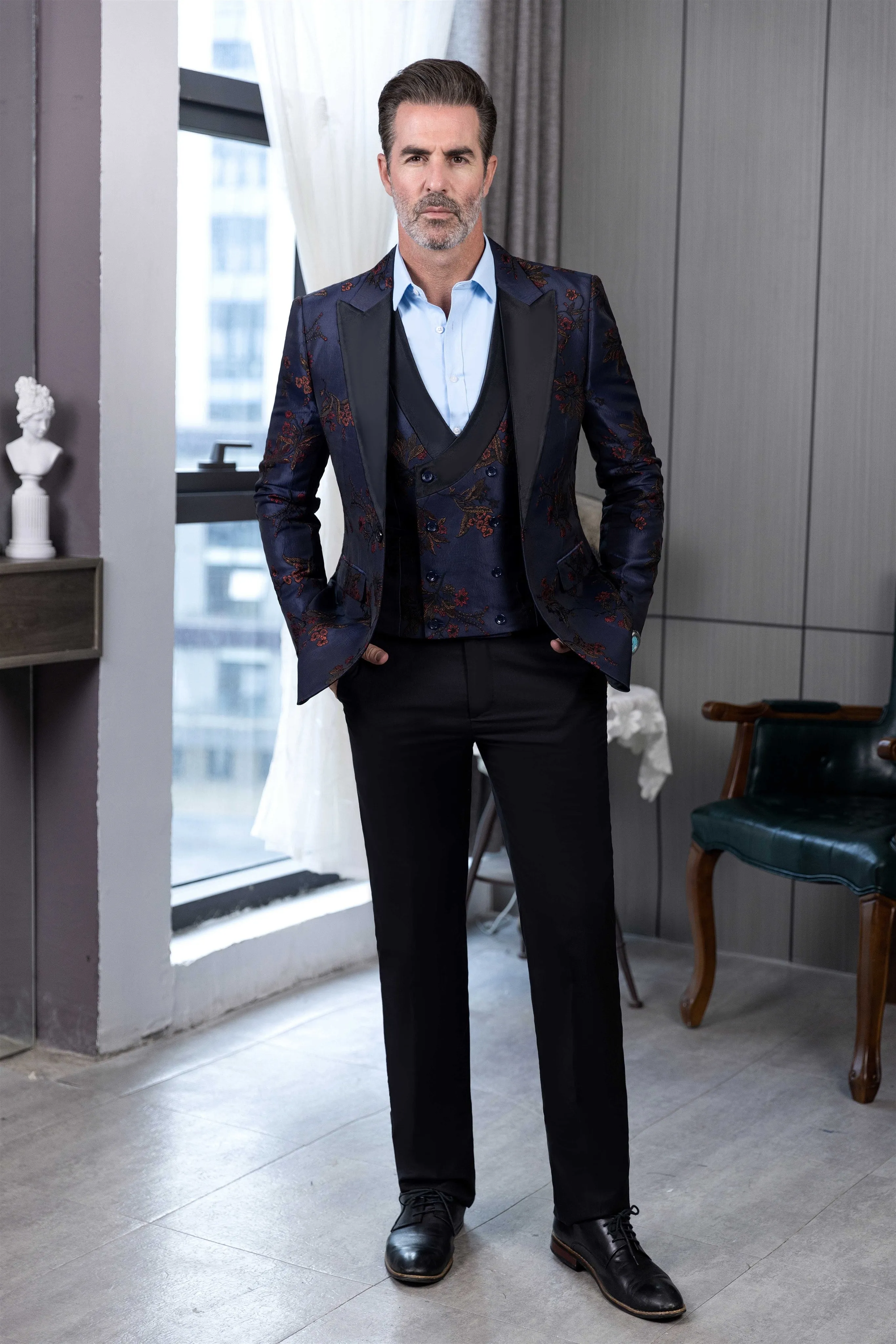 Menseventwear Fashion 3 Pieces Mens Patterned Suit Flat Peak Lapel Tuxedos(Blazer+Vest+Pants) sold by Mens Event Wear