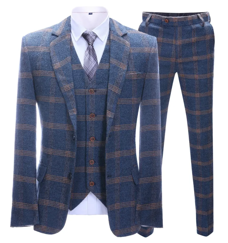 Men's Business 3 Pieces Formal Royal Blue Plaid Tweed Notch Lapel Suit (Blazer+vest+Pants) sold by Mens Event Wear