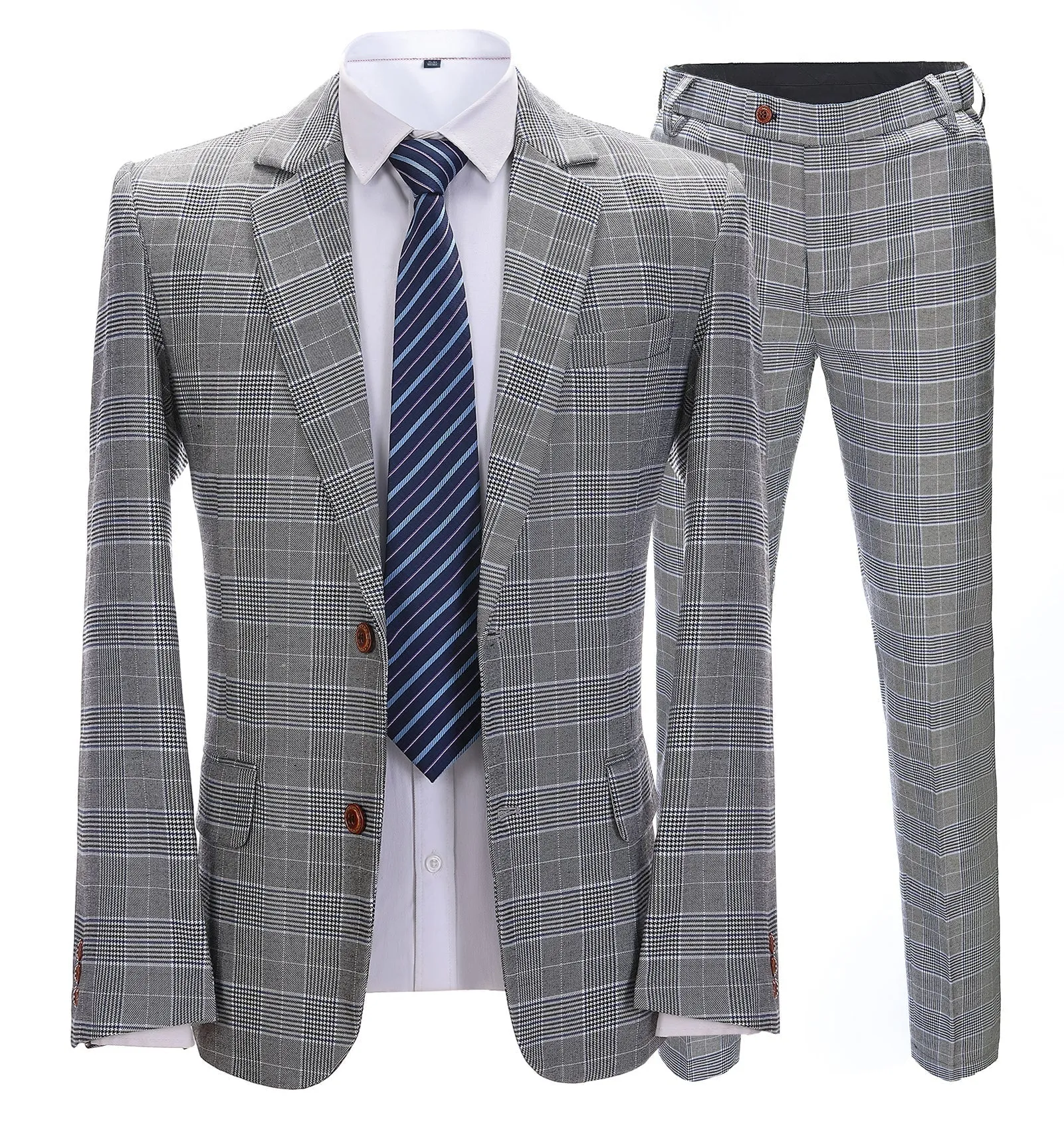 Mens Suit Formal 2 Pieces Business Grey Plaid White Line Notch Lapel Tuxedos for Wedding(Blazer+Pants) sold by Mens Event Wear