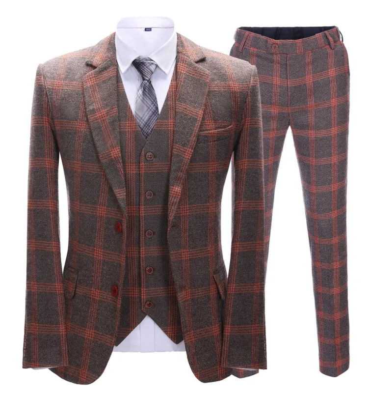 Men's Business 3 Pieces Formal Burgundy Plaid Tweed Notch Lapel Suit (Blazer+vest+Pants) sold by Mens Event Wear