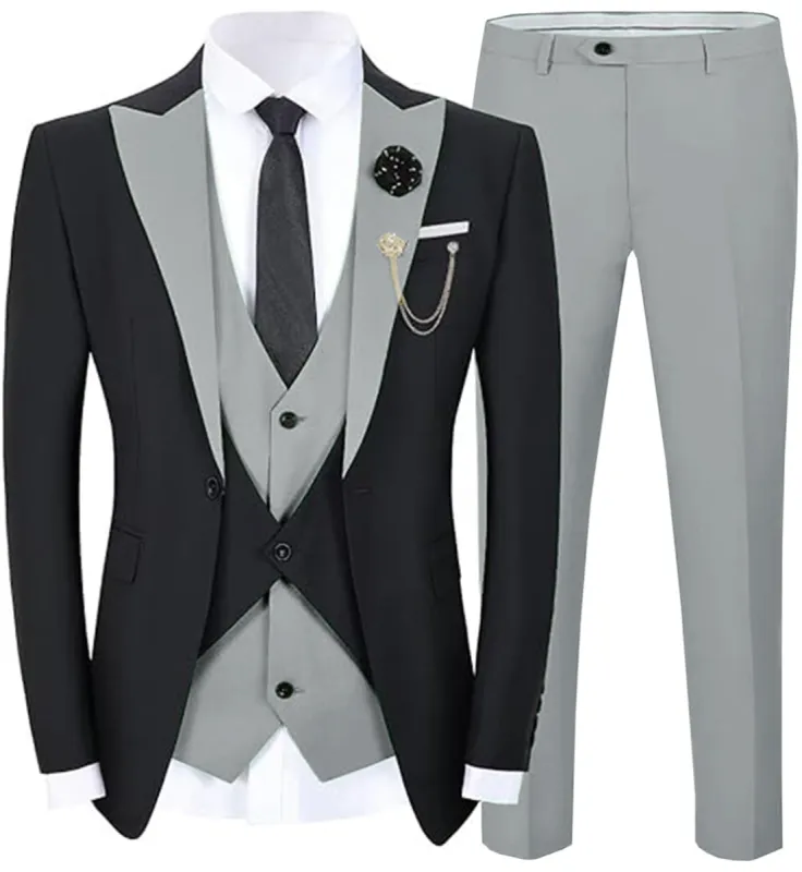 Formal Men's Suits Slim Fit 3 Pieces Peak Lapel Tuxedos (Black Blazer+Vest+ Pant) sold by Mens Event Wear