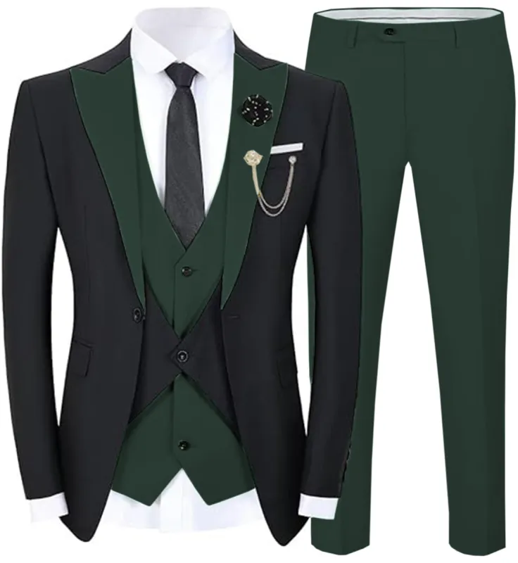 Formal Men's Suits Slim Fit 3 Pieces Peak Lapel Tuxedos (Black Blazer+Vest+ Pant) sold by Mens Event Wear