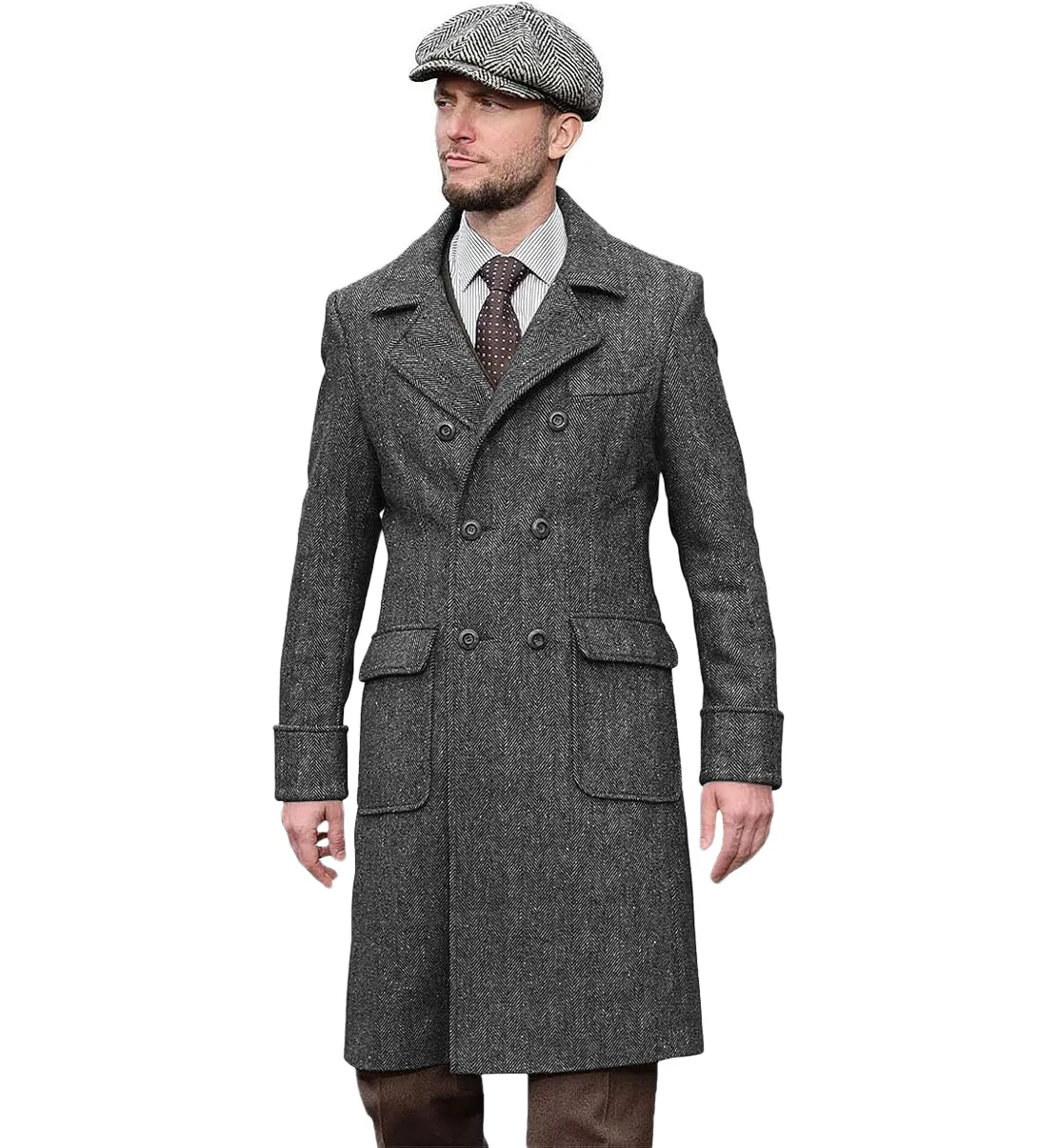 Casual Trench Coat Men Double Breasted Notch Collar Tweed Herringbone Coat Winter Wedding sold by Mens Event Wear