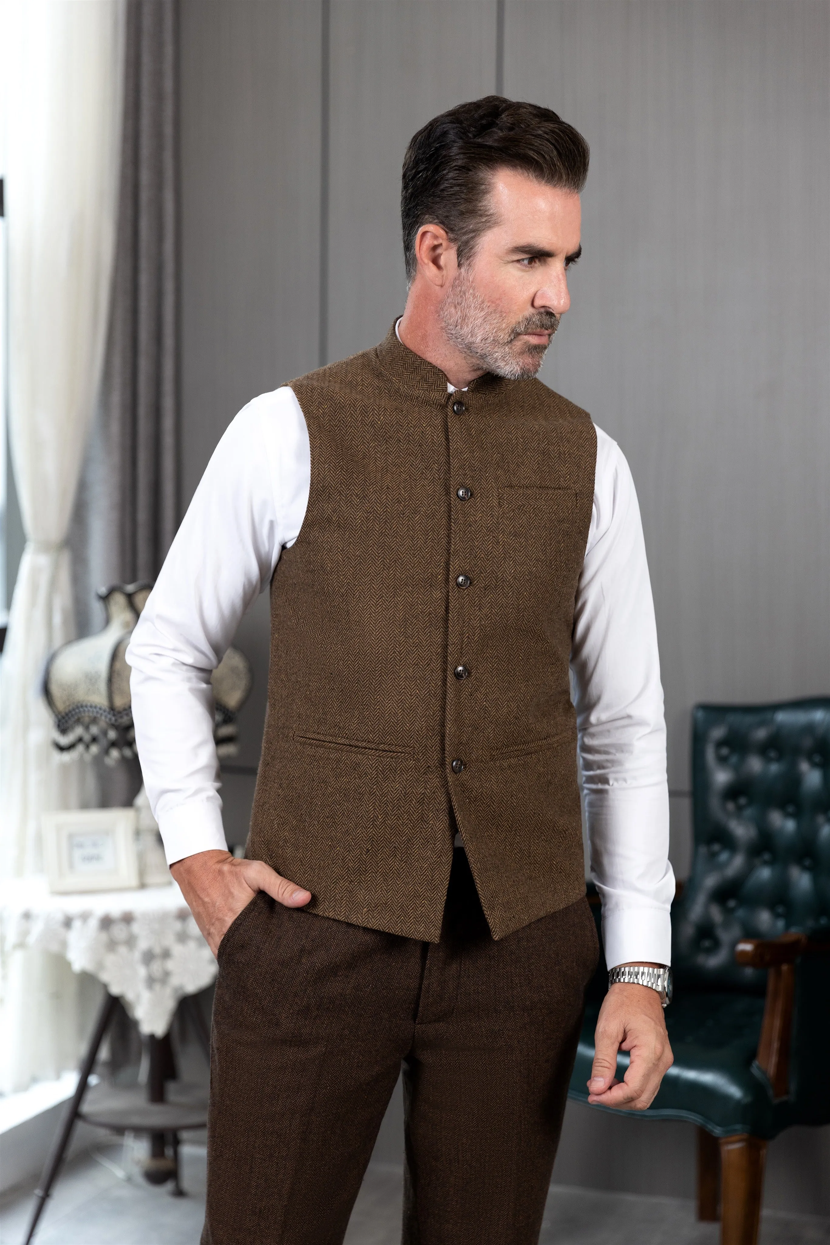 Casual Men's Slim Fit herringbone Stand Collar Waistcoat sold by Mens Event Wear product image thumbnail 3