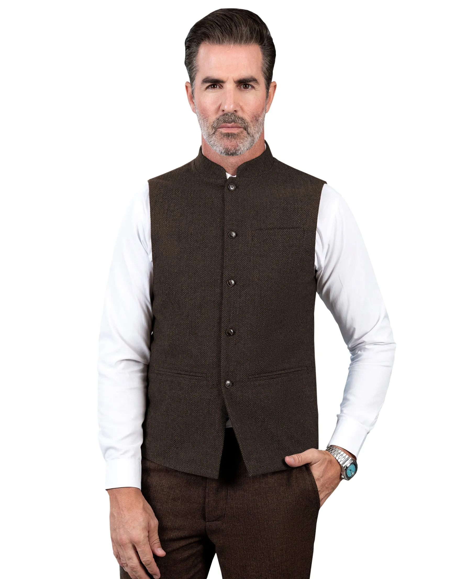 Casual Men's Slim Fit herringbone Stand Collar Waistcoat sold by Mens Event Wear
