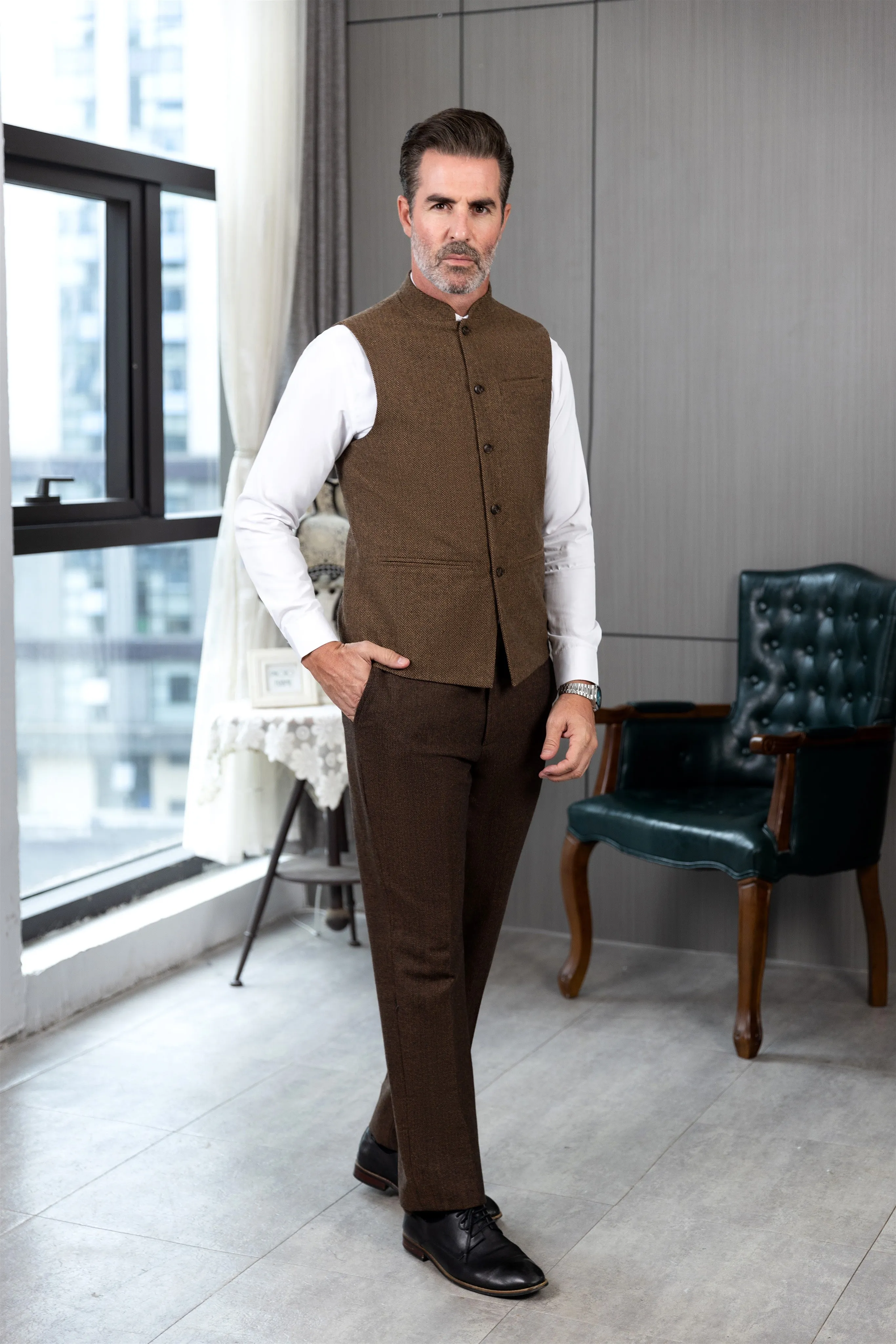 Casual Men's Slim Fit herringbone Stand Collar Waistcoat sold by Mens Event Wear product image thumbnail 2