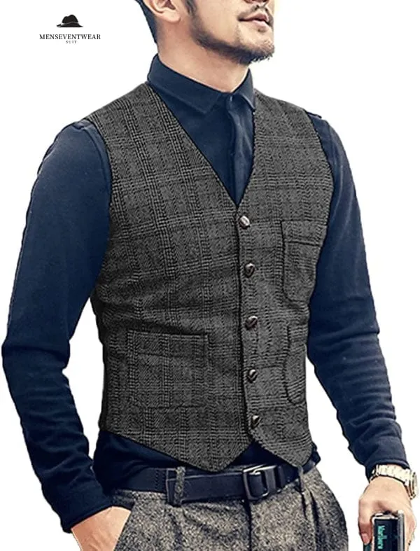 Menseventwear Casual Men's Slim Fit Plaid Tweed V Neck Waistcoat sold by Mens Event Wear