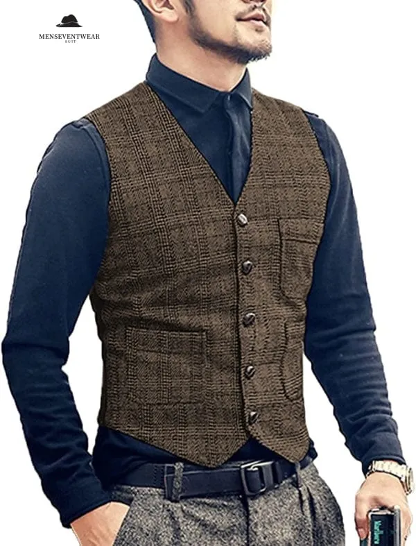 Menseventwear Casual Men's Slim Fit Plaid Tweed V Neck Waistcoat sold by Mens Event Wear product image thumbnail 3