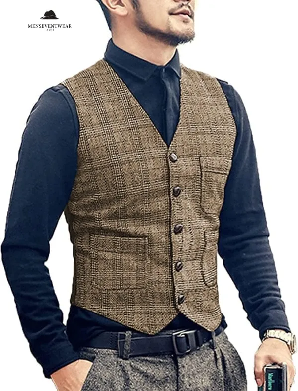 Menseventwear Casual Men's Slim Fit Plaid Tweed V Neck Waistcoat sold by Mens Event Wear product image thumbnail 4