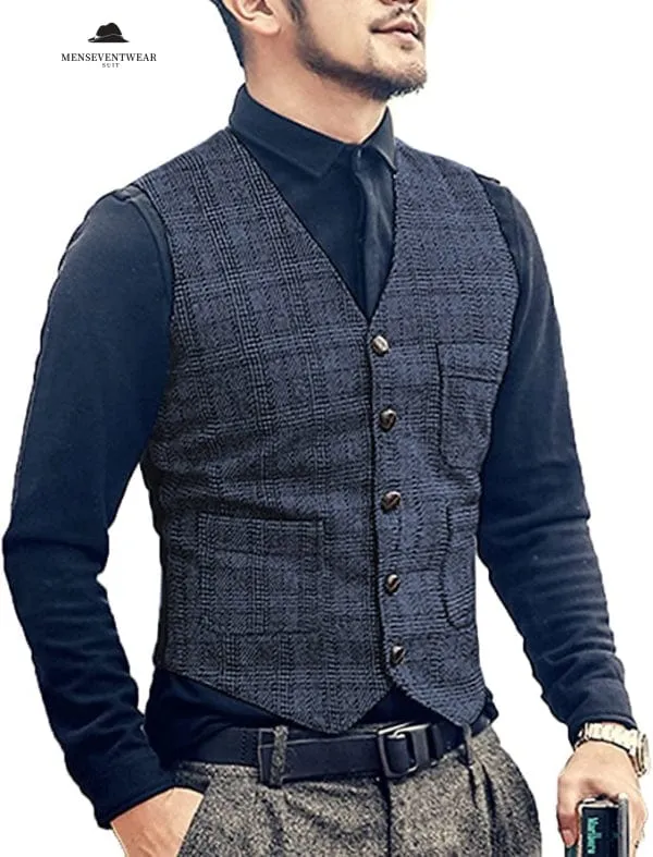 Menseventwear Casual Men's Slim Fit Plaid Tweed V Neck Waistcoat sold by Mens Event Wear product image thumbnail 2