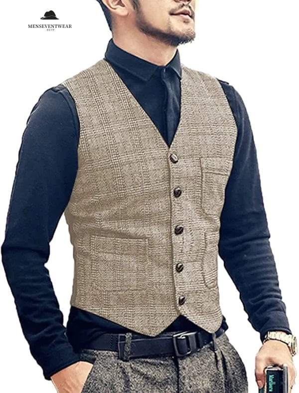 Menseventwear Casual Men's Slim Fit Plaid Tweed V Neck Waistcoat sold by Mens Event Wear product image thumbnail 5