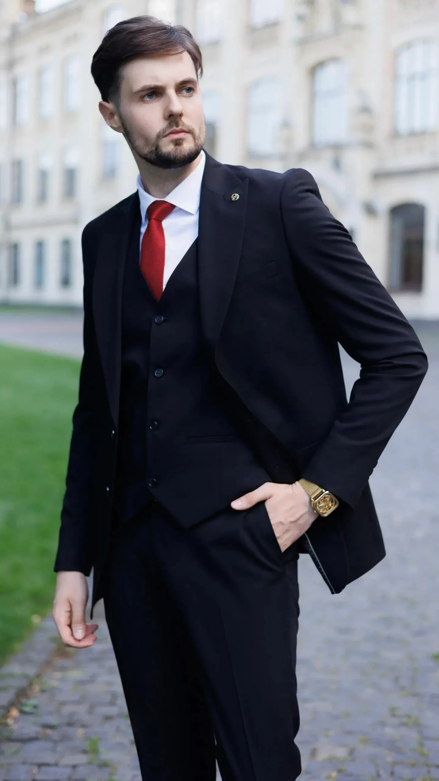 Fashion Men's 3 Pieces Flat Peak Lapel Tuxedos For Party (Blazer+vest+Pants) sold by Mens Event Wear product image thumbnail 3