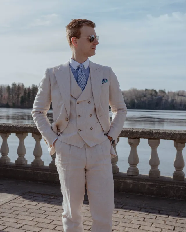 Casual 3 Pieces Mens Suit Flat Linen Peak Lapel Suit(Blazer+Vest+ Pant) sold by Mens Event Wear