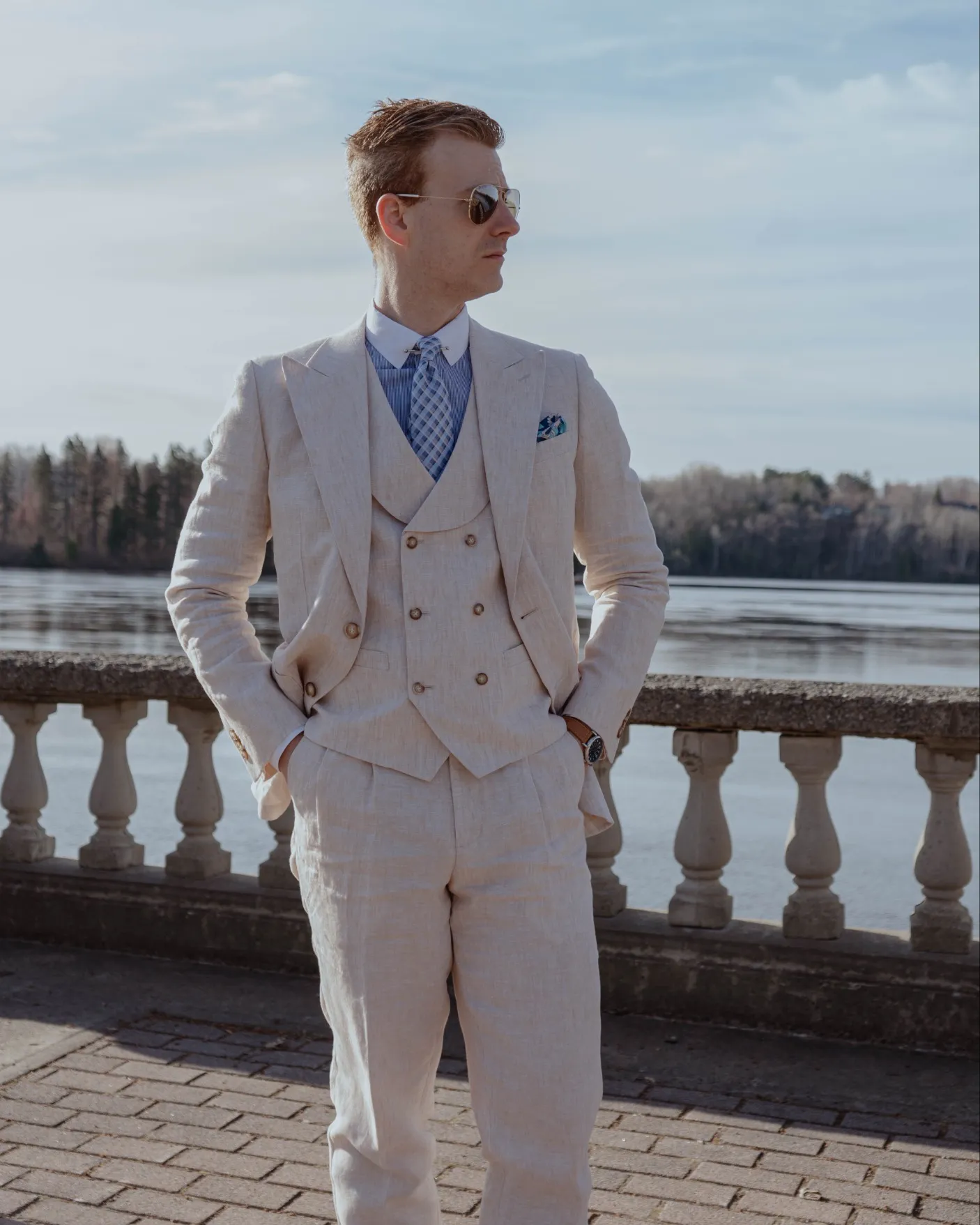 Casual 3 Pieces Mens Suit Flat Linen Peak Lapel Suit(Blazer+Vest+ Pant) sold by Mens Event Wear