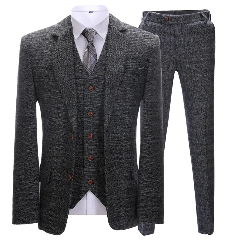 Men's Formal 3 Pieces Business Dark Grey Tweed Notch Lapel Suit (Blazer+vest+Pants) made by Mens Event Wear