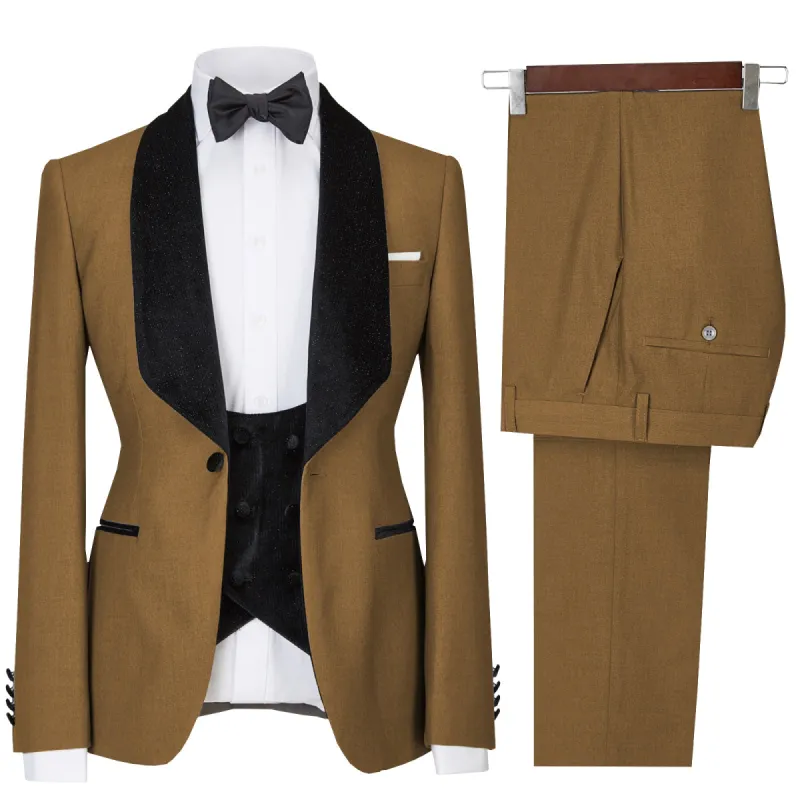 Formal 3 Pieces Mens Suit Flat Shawl Lapel Tuxedos (Blazer+vest+Pants) sold by Mens Event Wear