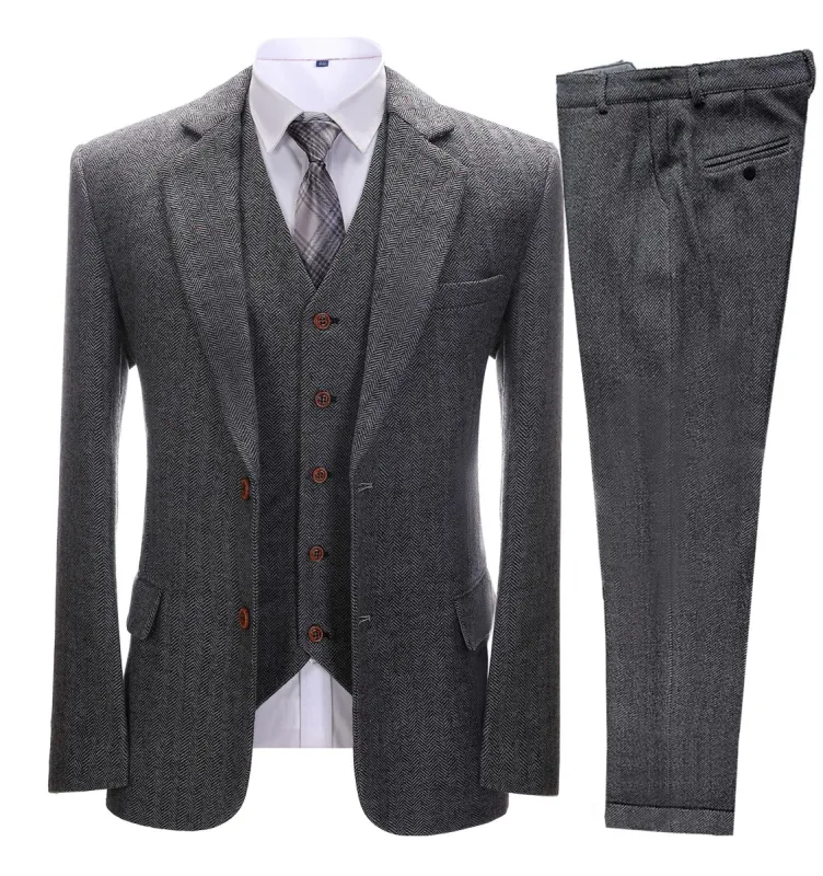 Men's Business 3 Pieces Formal Dark Grey Herringbone Notch Lapel Suit (Blazer+vest+Pants) sold by Mens Event Wear