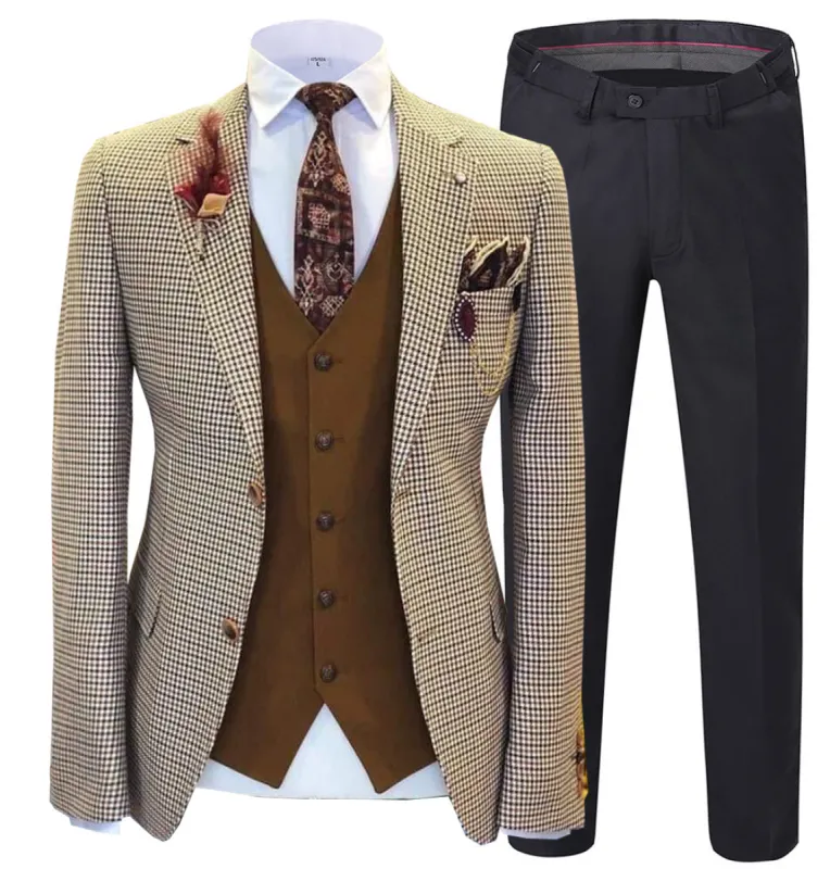 Fashion Men's 3 Pieces Houndstooth Notch Lapel Tuxedos (Blazer+vest+Pants) sold by Mens Event Wear
