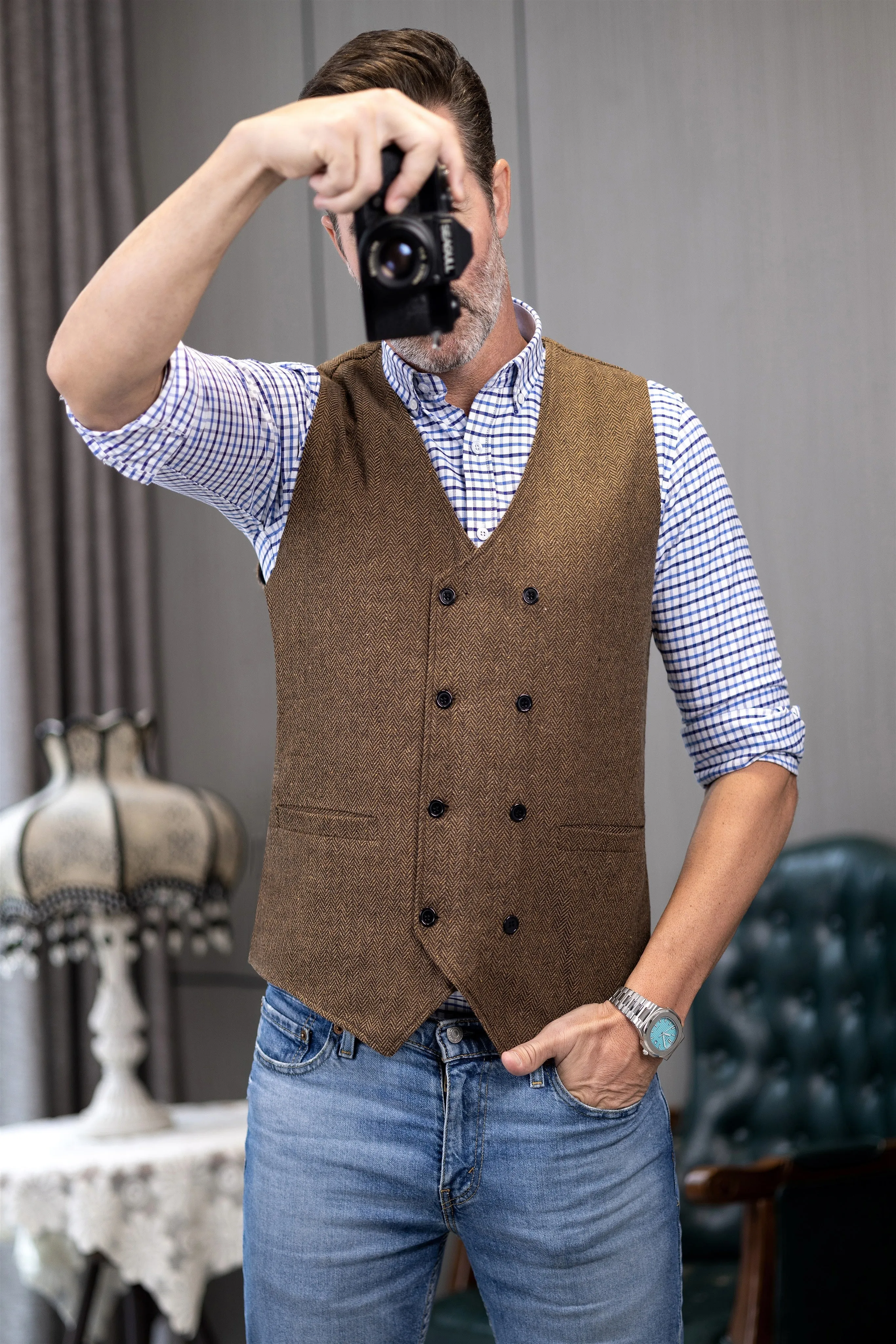 Casual Mens Classic Slim Fit Tweed Herringbone V Neck Waistcoat sold by Mens Event Wear
