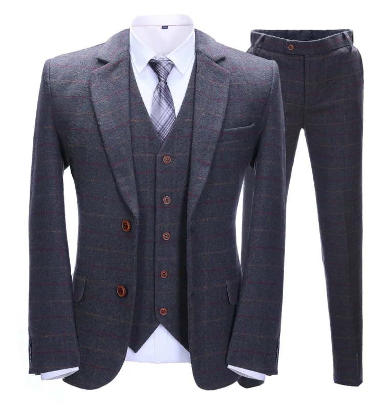 Men's Business 3 Pieces Formal Dark Grey Tweed Plaid Notch Lapel Suit (Blazer+vest+Pants) sold by Mens Event Wear