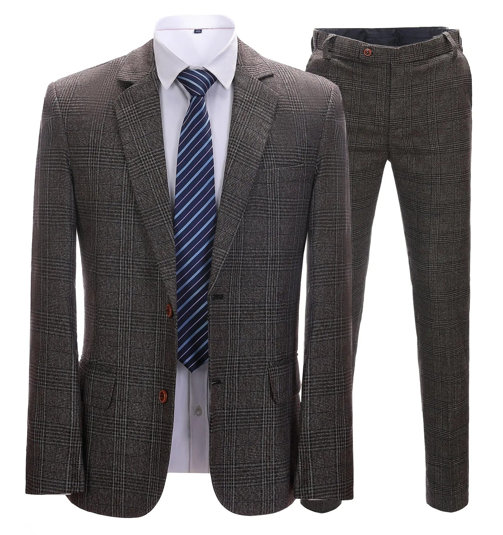 Business Men's Suit Formal Tweed 2 Pieces Coffee Plaid Notch Lapel Tuxedos (Blazer+Pants) sold by Mens Event Wear