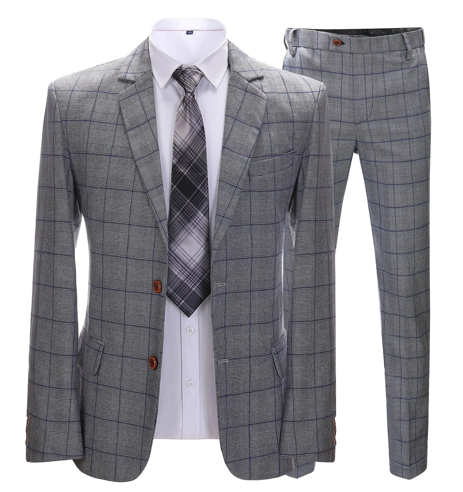 Mens Suit Business 2 Pieces Formal Grey Plaid Notch Lapel Tuxedos for Wedding (Blazer+Pants) sold by Mens Event Wear