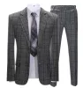 Mens Suit Business 2 Pieces Formal Dark Grey Plaid Notch Lapel Tuxedos (Blazer+Pants) sold by Mens Event Wear