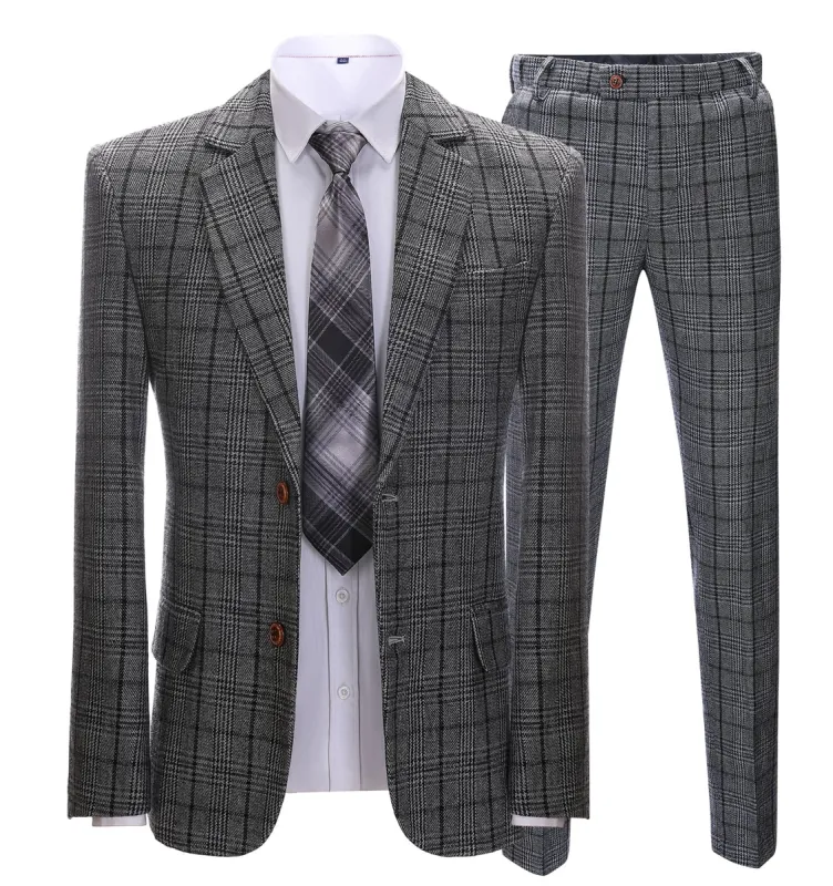 Mens Suit Business 2 Pieces Formal Dark Grey Plaid Notch Lapel Tuxedos (Blazer+Pants) sold by Mens Event Wear