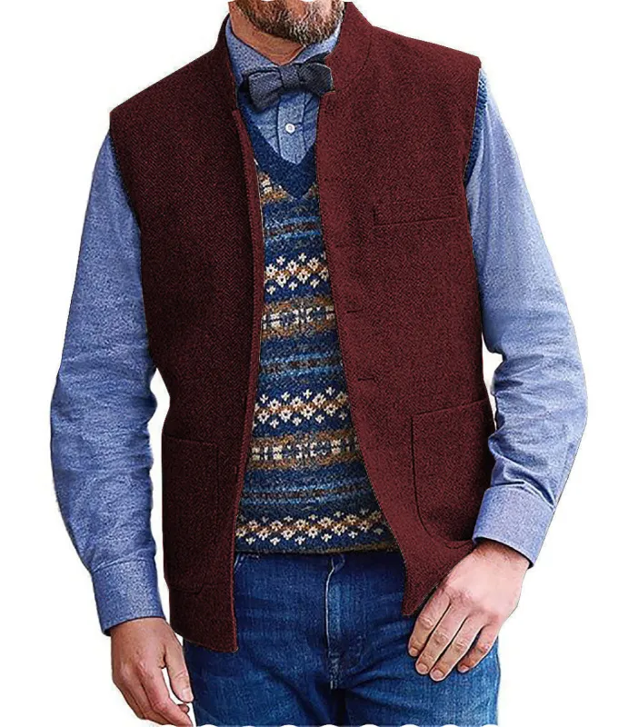 Casual Men's Slim Fit herringbone Stand Collar Waistcoat sold by Mens Event Wear