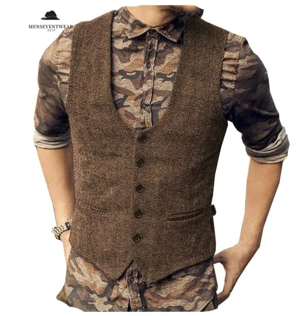 Menseventwear Fashion Men's Casual Tweed Herringbone U Neck Waistcoat sold by Mens Event Wear product image thumbnail 5