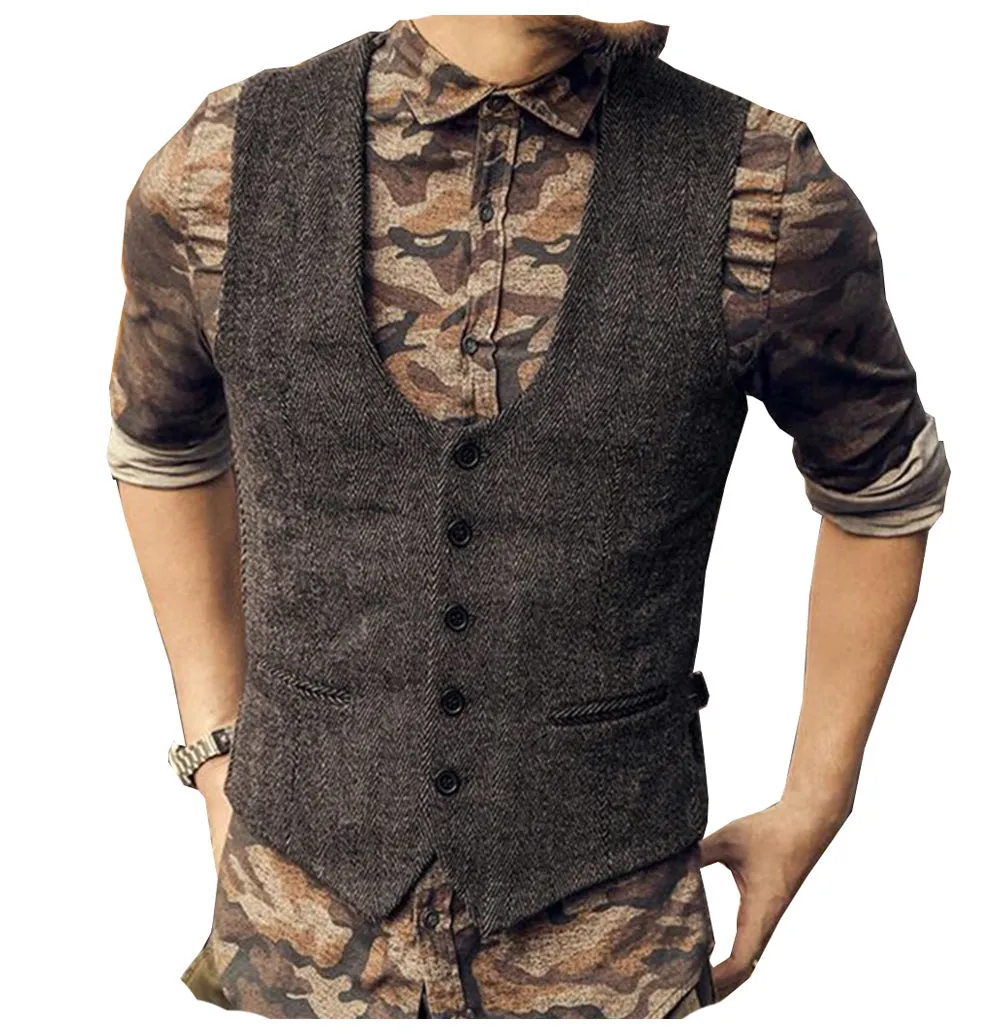 Menseventwear Fashion Men's Casual Tweed Herringbone U Neck Waistcoat sold by Mens Event Wear