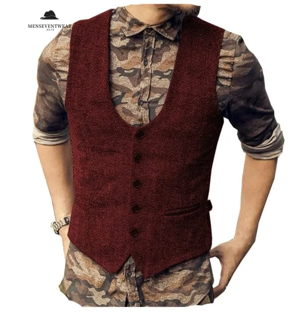 Menseventwear Fashion Men's Casual Tweed Herringbone U Neck Waistcoat sold by Mens Event Wear product image thumbnail 4