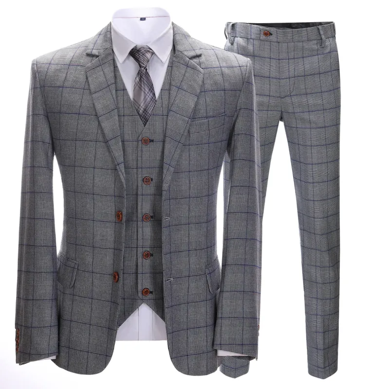 Men's Business 3 Pieces Formal Grey Plaid Solid Notch Lapel Suit (Blazer+Vest+Pants) sold by Mens Event Wear