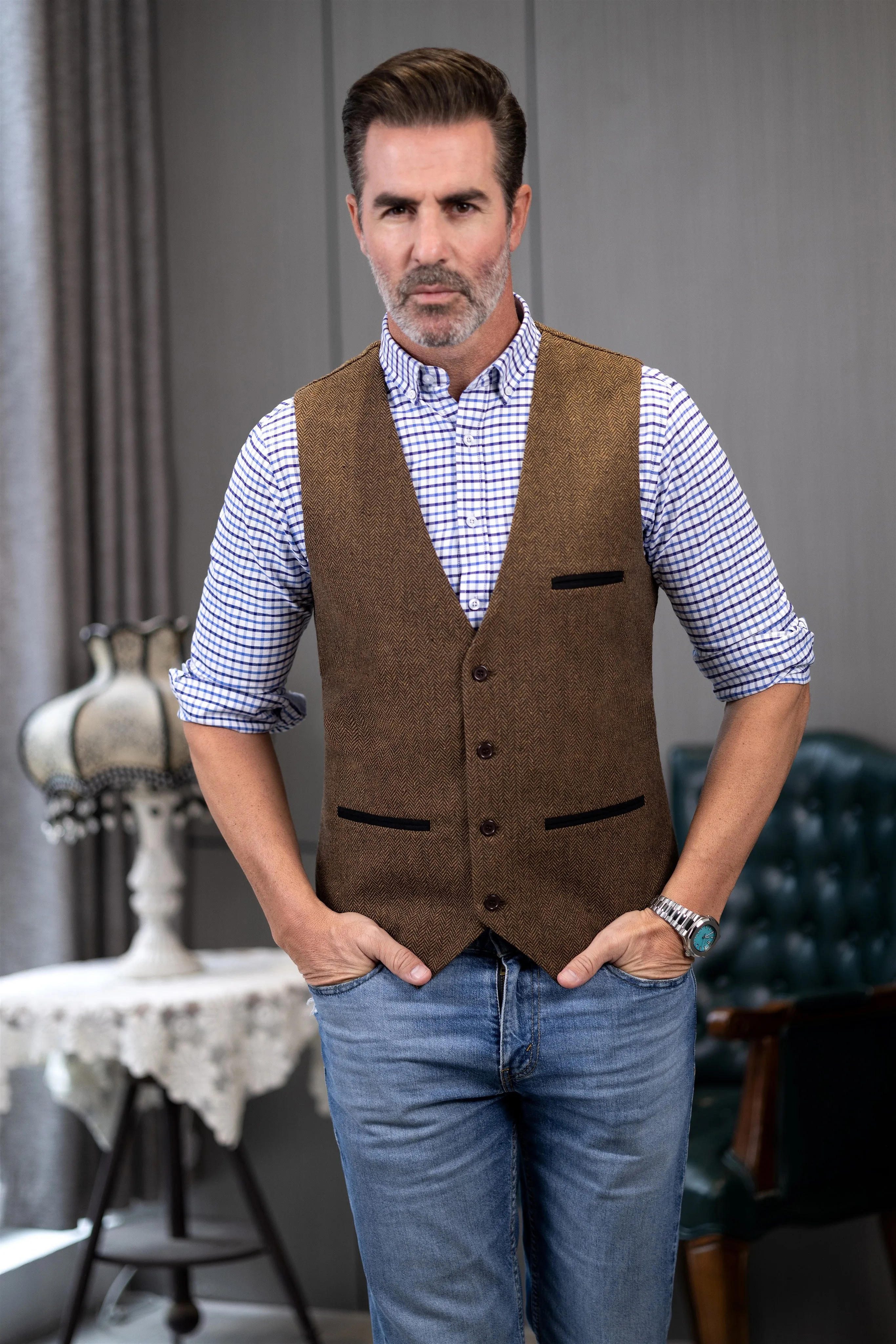 Casual Mens Classic Slim Fit Tweed Herringbone V Neck Waistcoat sold by Mens Event Wear