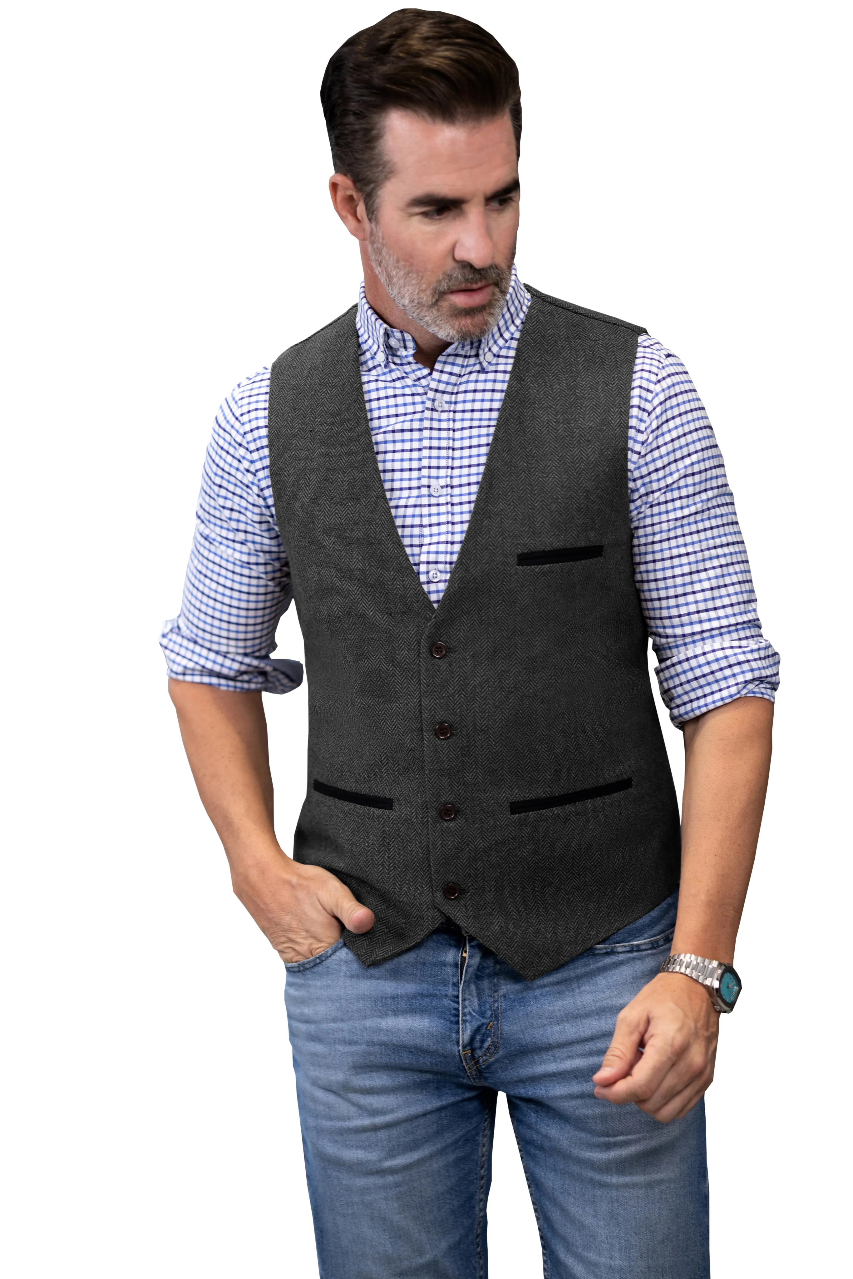 Casual Mens Classic Slim Fit Tweed Herringbone V Neck Waistcoat sold by Mens Event Wear product image thumbnail 5