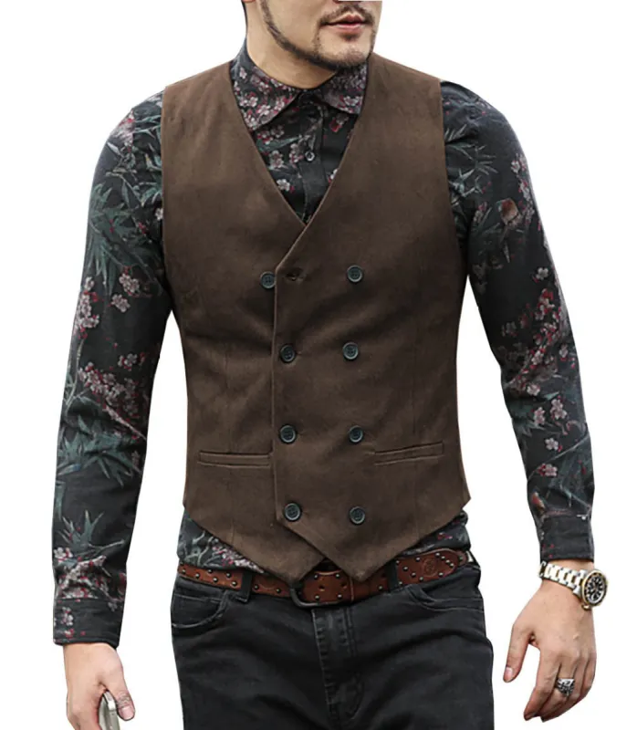 Casual Men's Slim Fit Suede Double Breasted V Neck Waistcoat sold by Mens Event Wear
