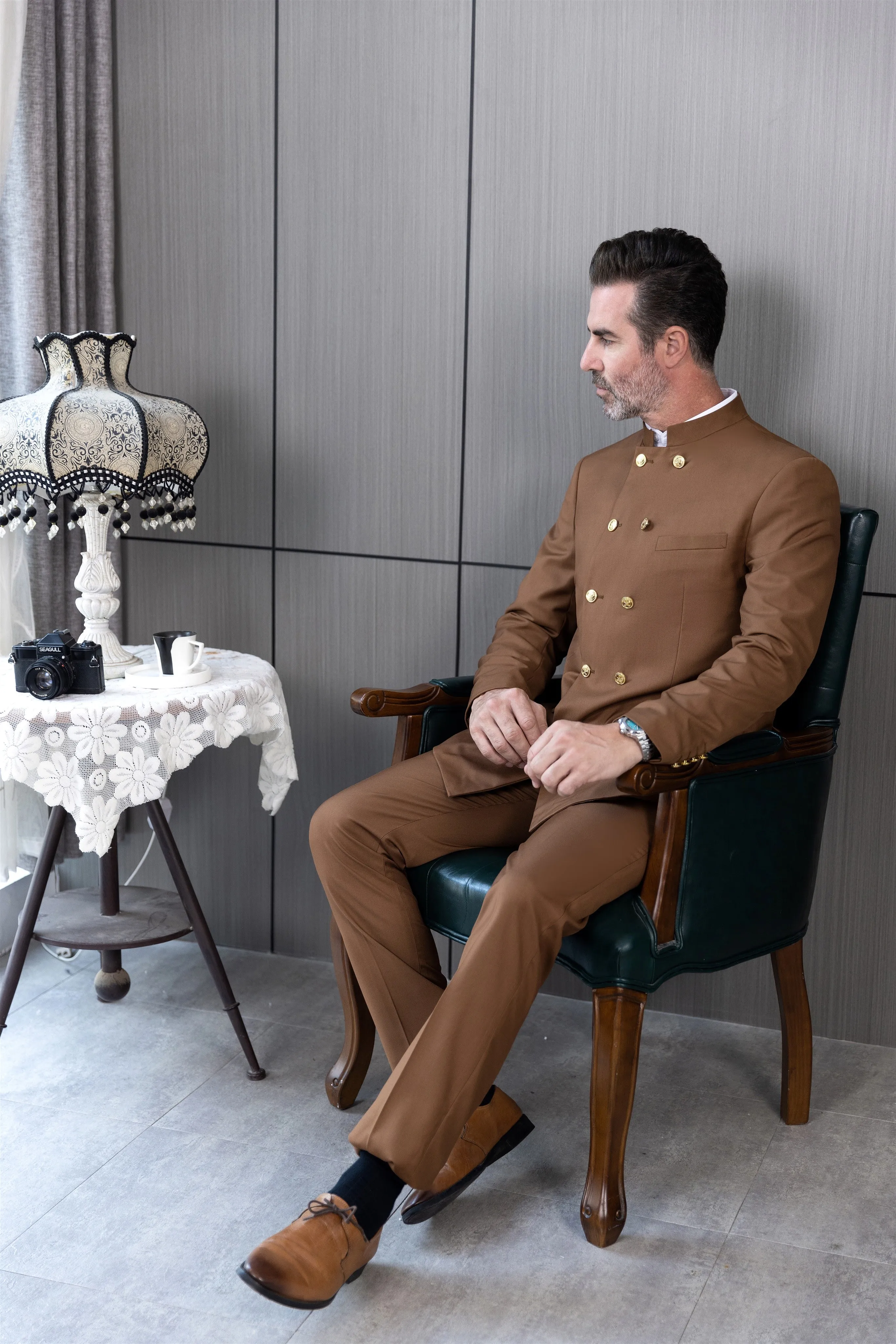 Classic 2 Piece Men's Slim Fit Solid Color Stand Collar Wedding Suit (Blazer+Pants) sold by Mens Event Wear product image thumbnail 4