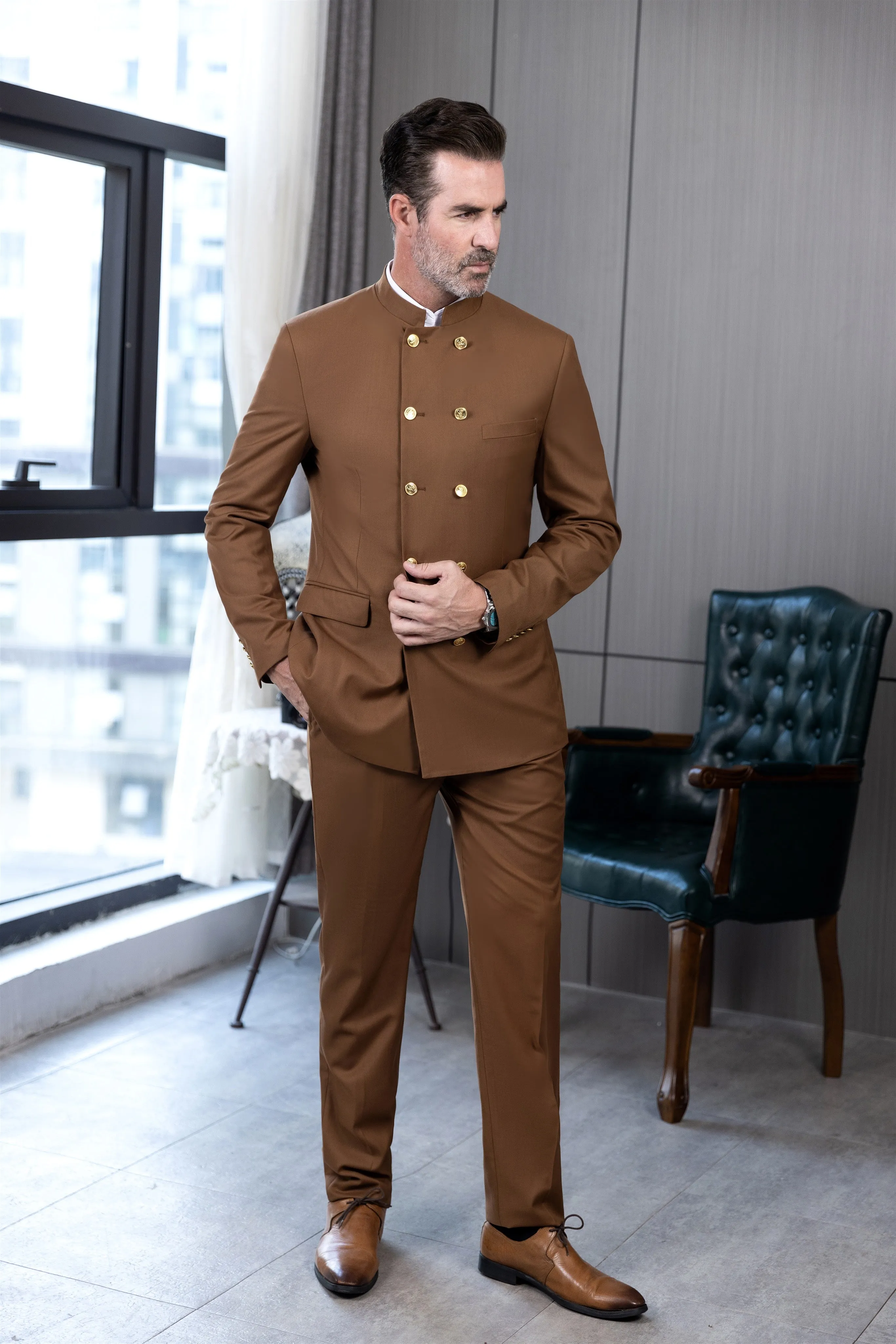 Classic 2 Piece Men's Slim Fit Solid Color Stand Collar Wedding Suit (Blazer+Pants) sold by Mens Event Wear product image thumbnail 3