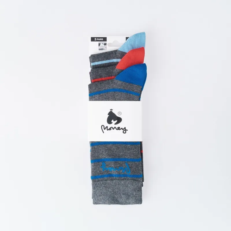 Sig Striped Socks 3pk - Charcoal Marl Mix sold by Money Clothing